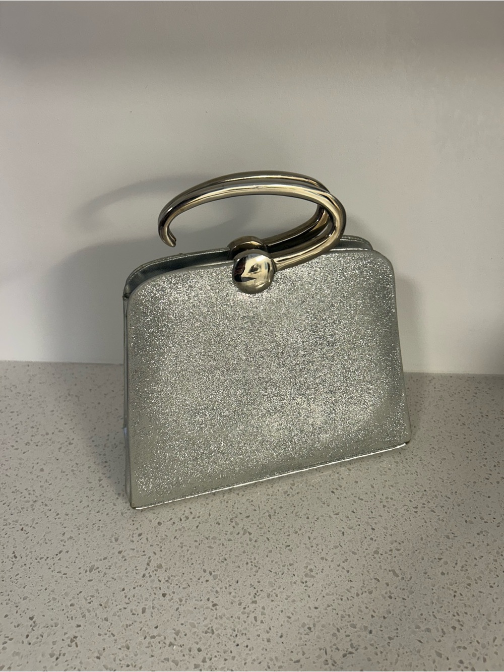 Silver Glitter Evening Clutch with Sculptural Handle❤️8x6x3